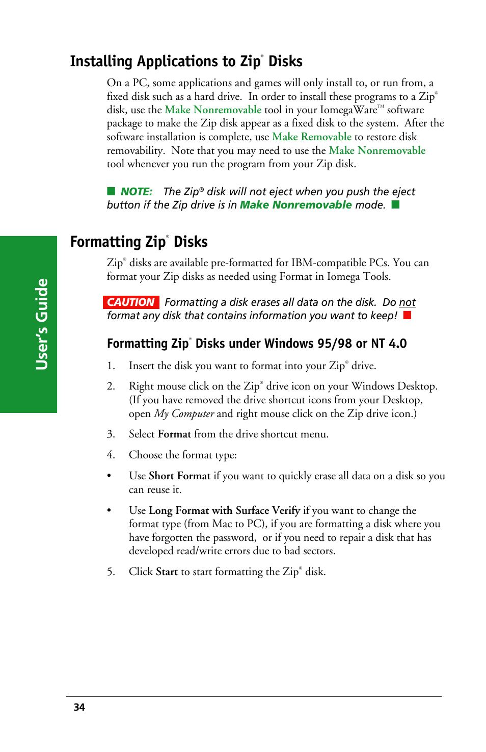 User’ s guide installing applications to zip, Disks, Formatting zip | Iomega 03798300 User Manual | Page 34 / 48