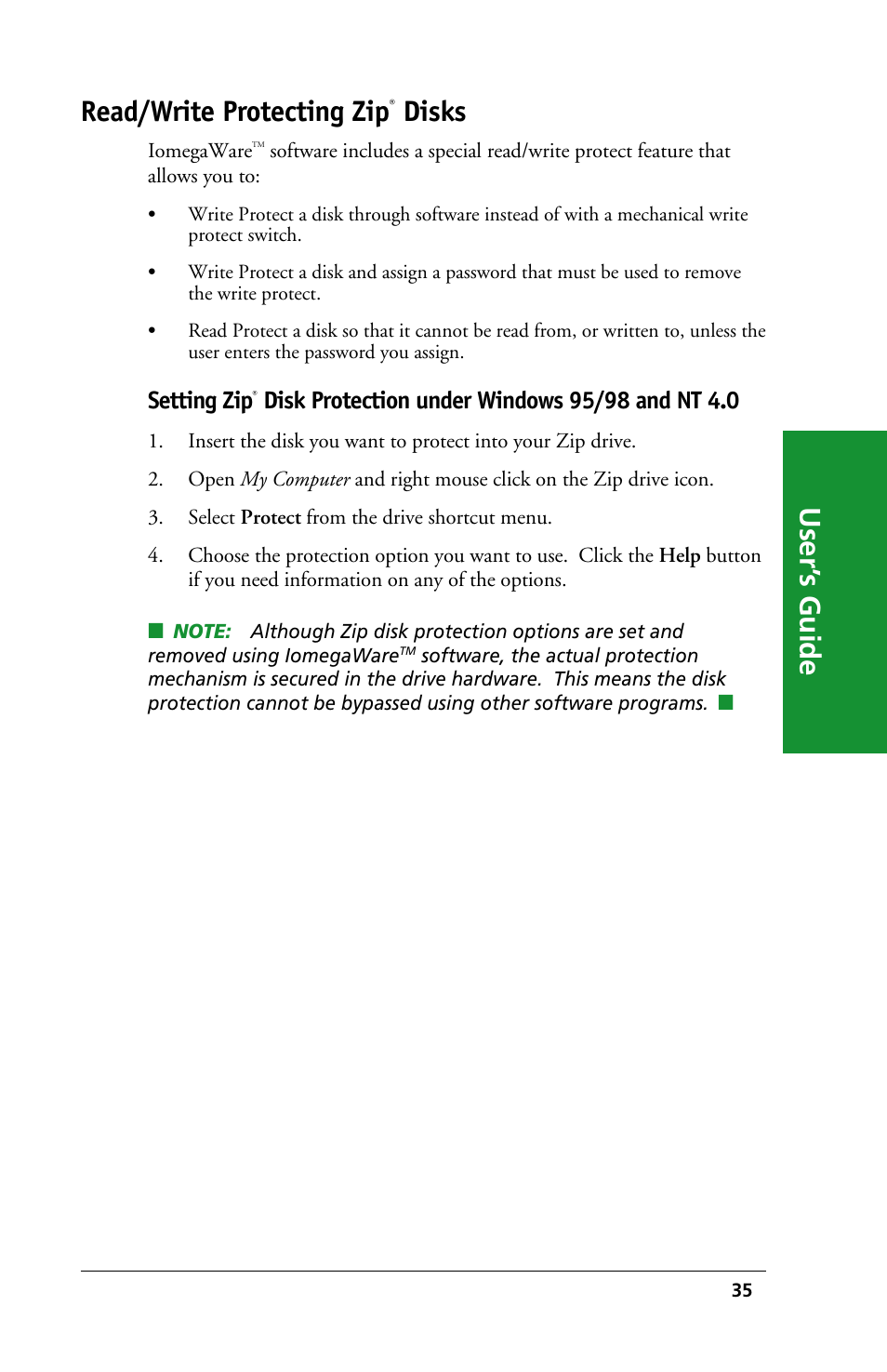 User’ s guide read/write protecting zip, Disks, Setting zip | Iomega 03798300 User Manual | Page 35 / 48