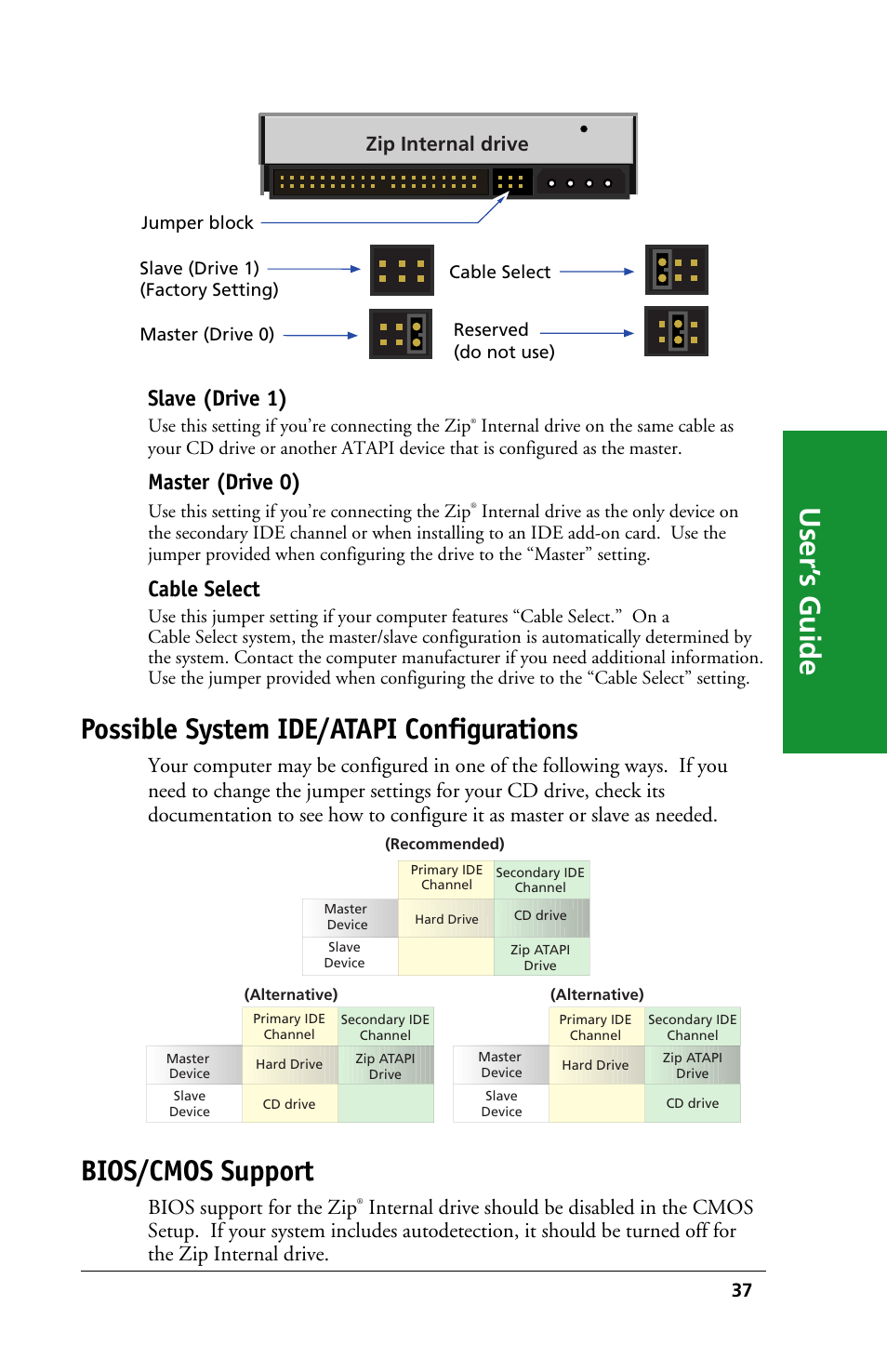 User’ s guide, Possible system ide/atapi configurations, Bios/cmos support | Slave (drive 1), Master (drive 0), Cable select, Bios support for the zip, Zip internal drive | Iomega 03798300 User Manual | Page 37 / 48