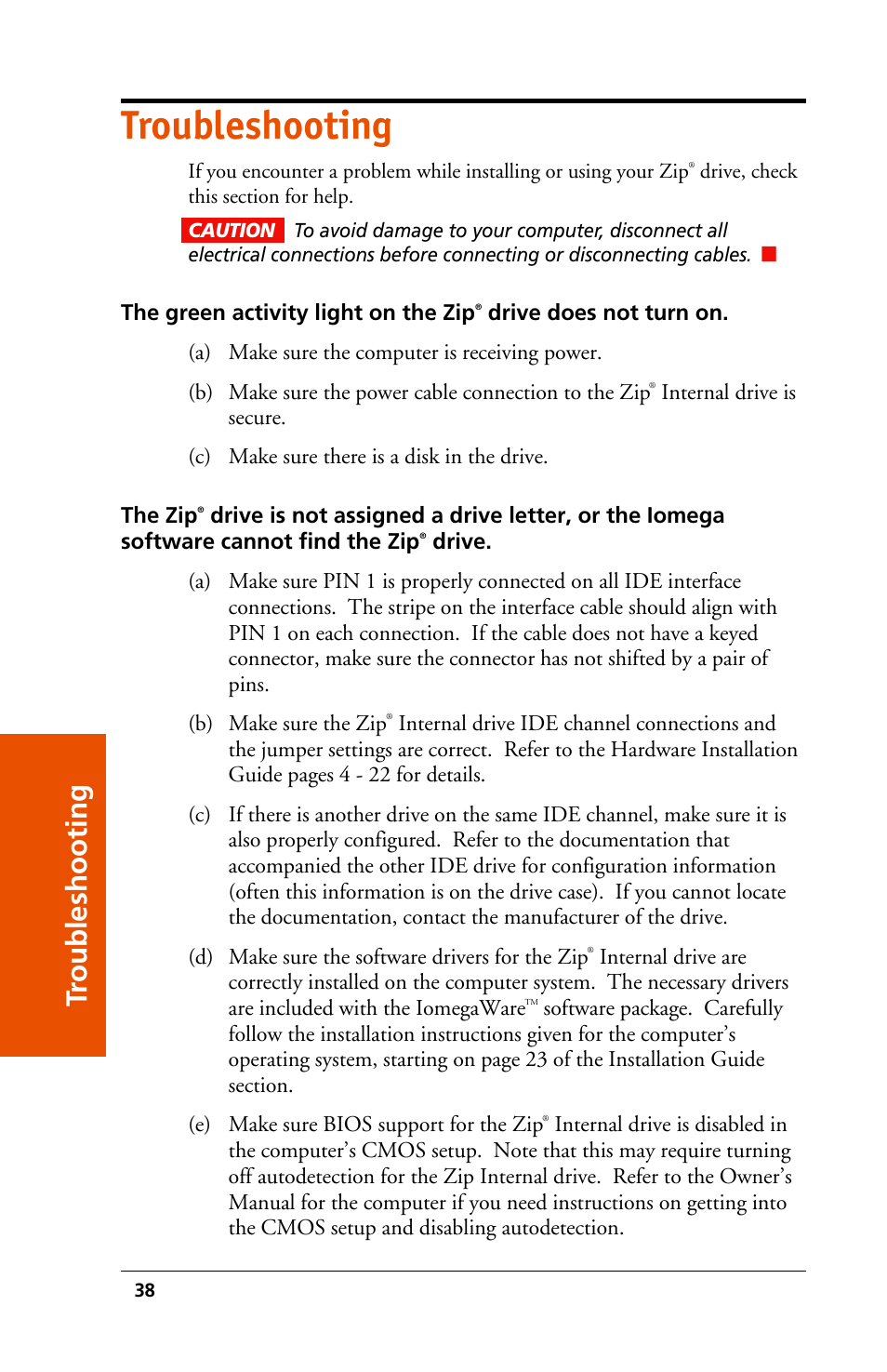Troubleshooting, Tr oubleshooting | Iomega 03798300 User Manual | Page 38 / 48
