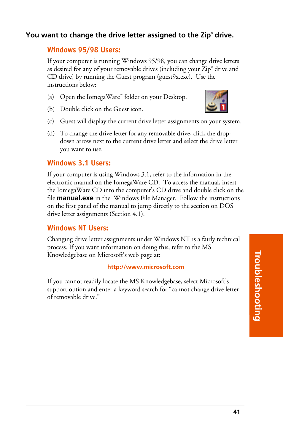Tr oubleshooting, Windows 95/98 users, Windows 3.1 users | Windows nt users | Iomega 03798300 User Manual | Page 41 / 48