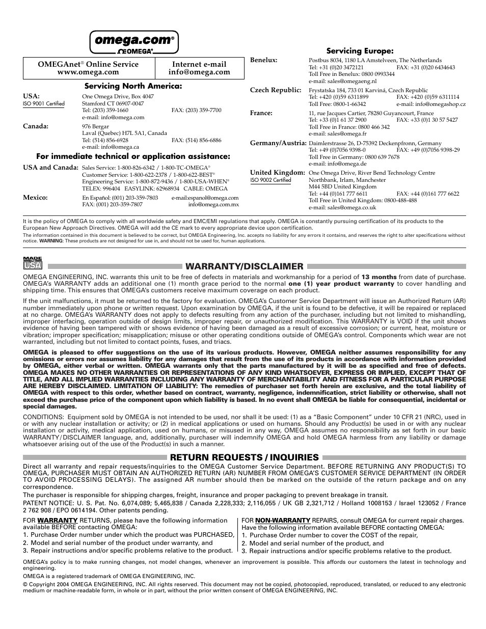 Warranty/disclaimer, Return requests / inquiries, Omeganet | Iomega LAQ-XXXX M1319 User Manual | Page 2 / 2