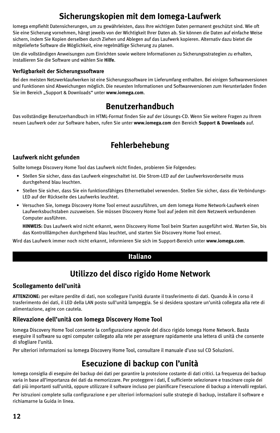 Sicherungskopien mit dem iomega-laufwerk, Benutzerhandbuch, Fehlerbehebung | Utilizzo del disco rigido home network, Esecuzione di backup con l’unità | Iomega Home Network Hard Drive User Manual | Page 12 / 20