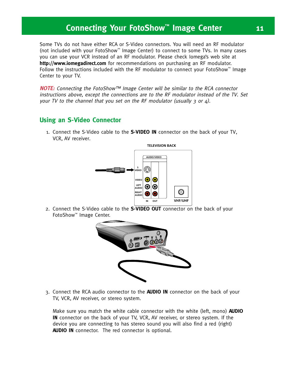 Connecting your fotoshow, Image center 11, Using an s-video connector | Iomega FotoShow Digital Image Center User Manual | Page 11 / 68