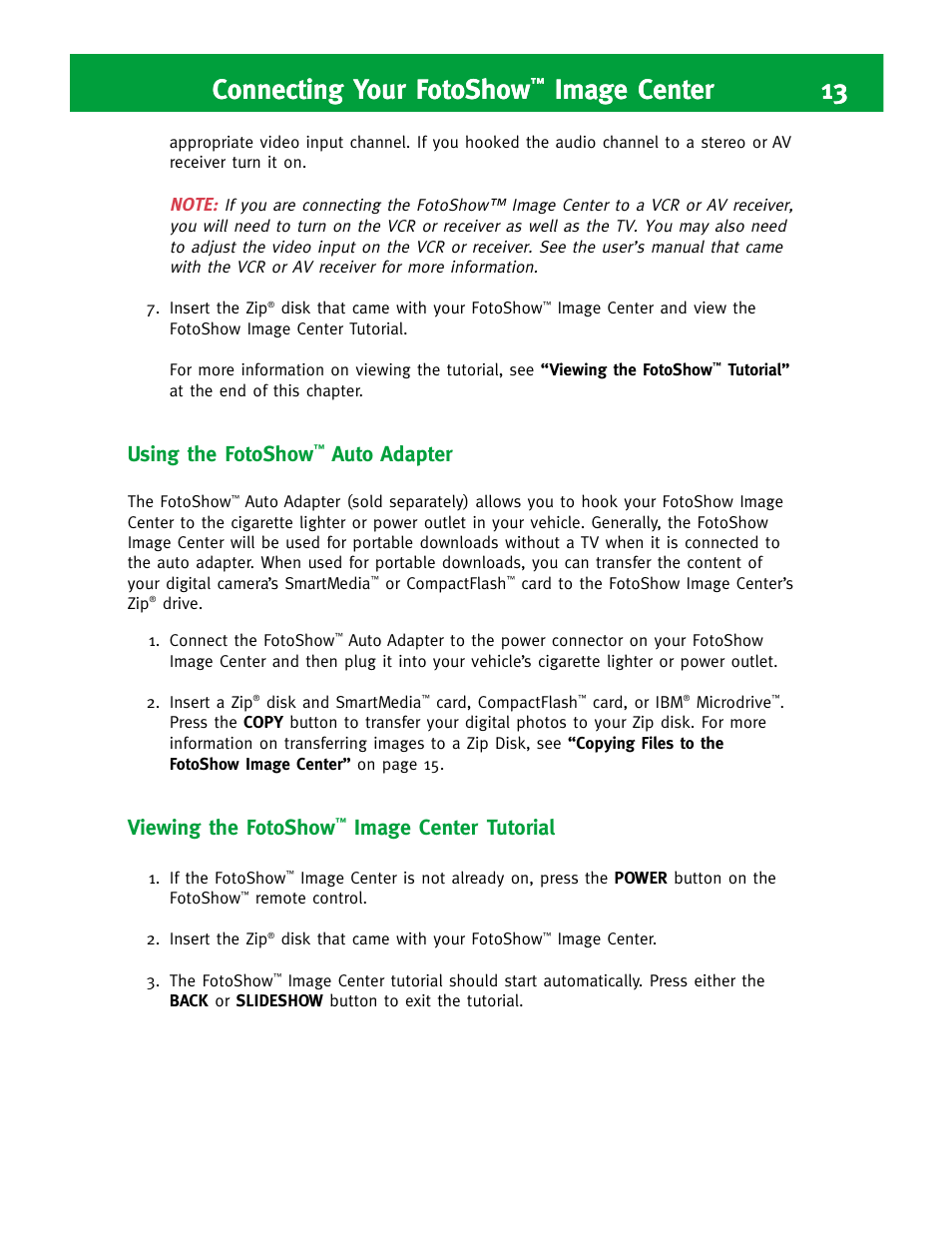 Connecting your fotoshow, Image center 13, Using the fotoshow | Auto adapter, Viewing the fotoshow, Image center tutorial | Iomega FotoShow Digital Image Center User Manual | Page 13 / 68