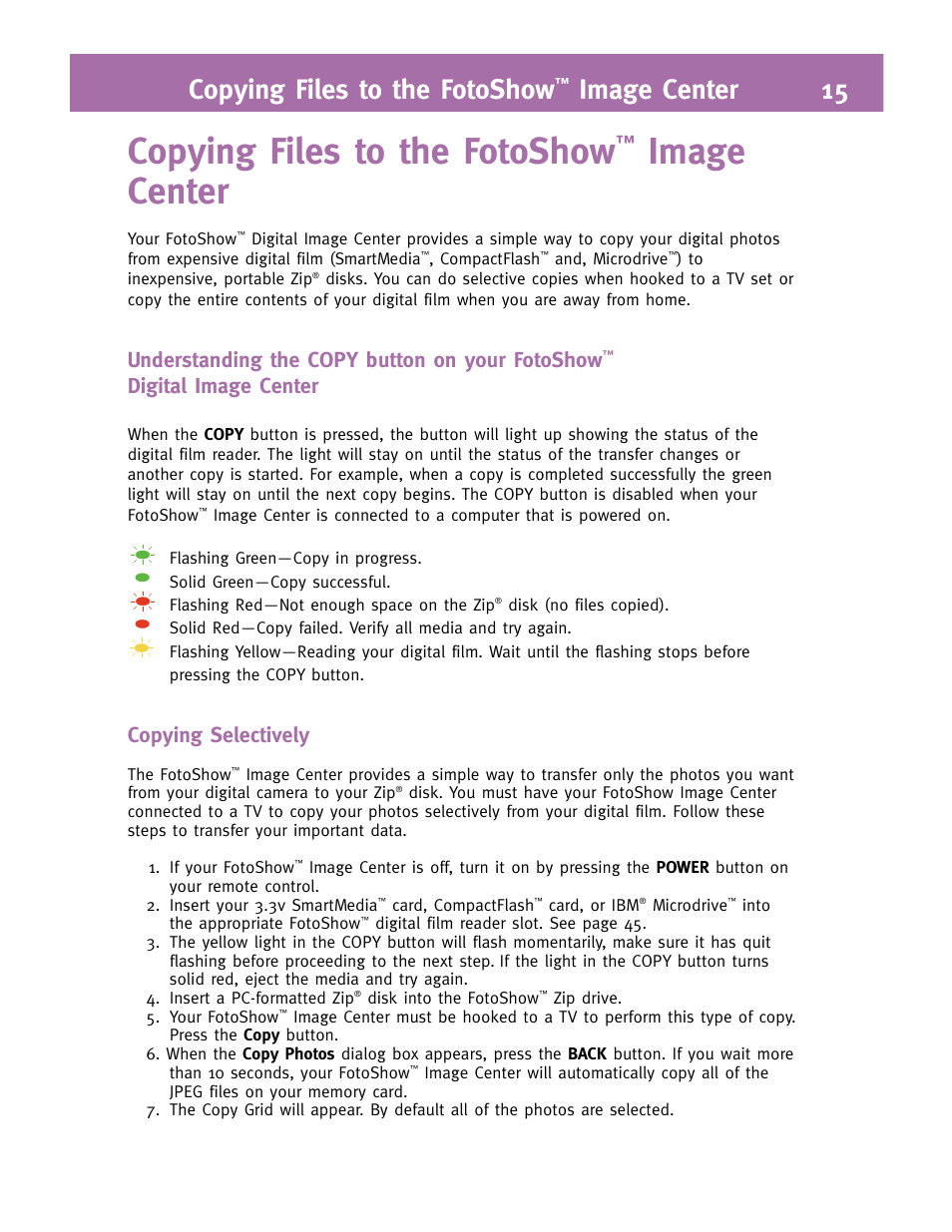 Copying files to the fotoshow, Image center, Image center 15 | Understanding the copy button on your fotoshow, Digital image center, Copying selectively | Iomega FotoShow Digital Image Center User Manual | Page 15 / 68