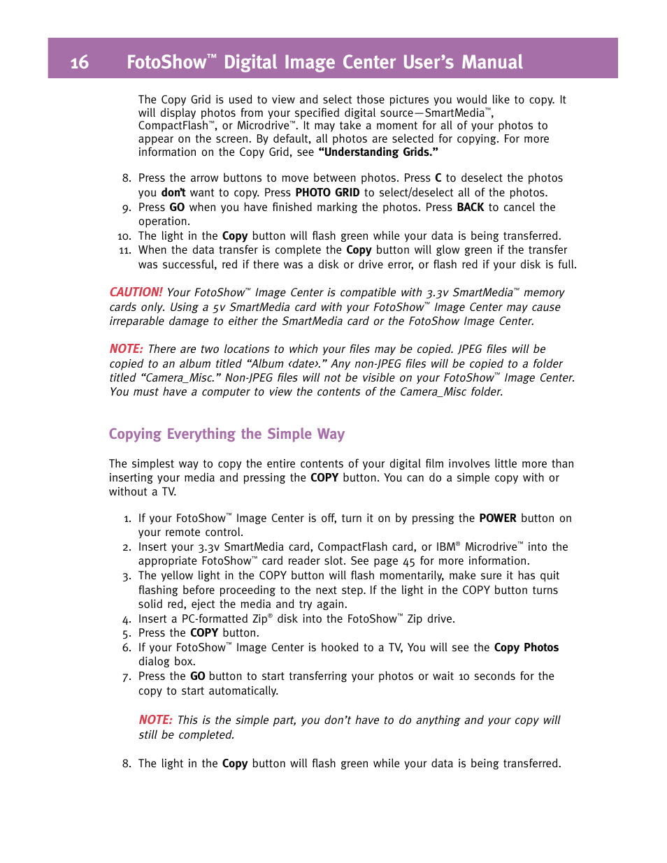 16 fotoshow, Digital image center user’s manual, Copying everything the simple way | Iomega FotoShow Digital Image Center User Manual | Page 16 / 68