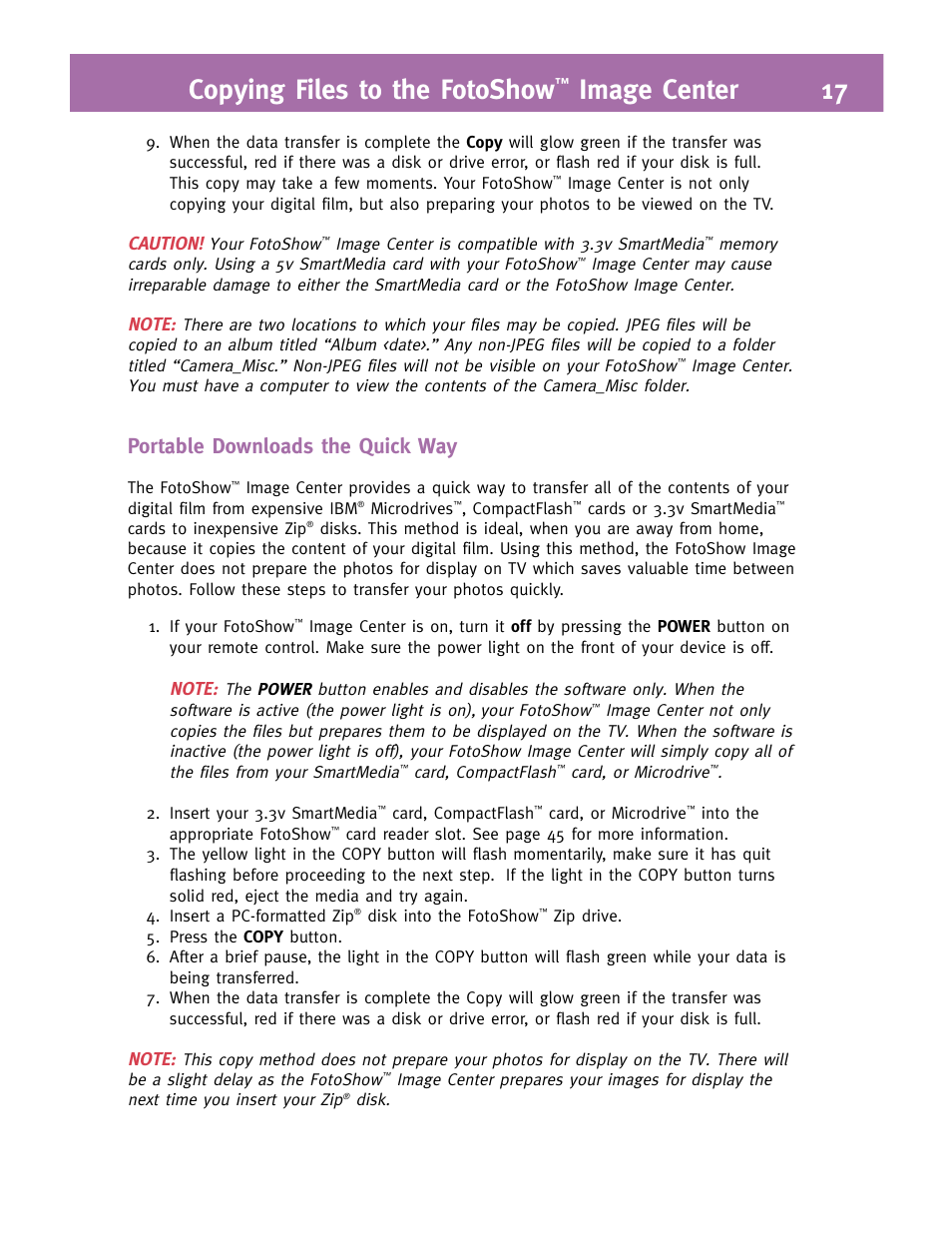 Copying files to the fotoshow, Image center 17, Portable downloads the quick way | Caution | Iomega FotoShow Digital Image Center User Manual | Page 17 / 68