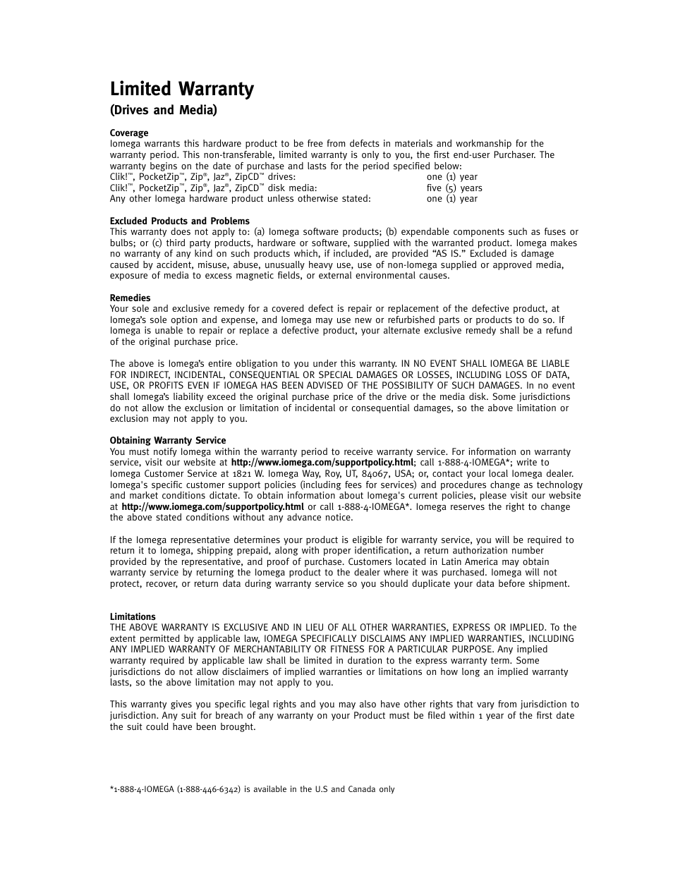 Limited warranty, Drives and media) | Iomega FotoShow Digital Image Center User Manual | Page 2 / 68