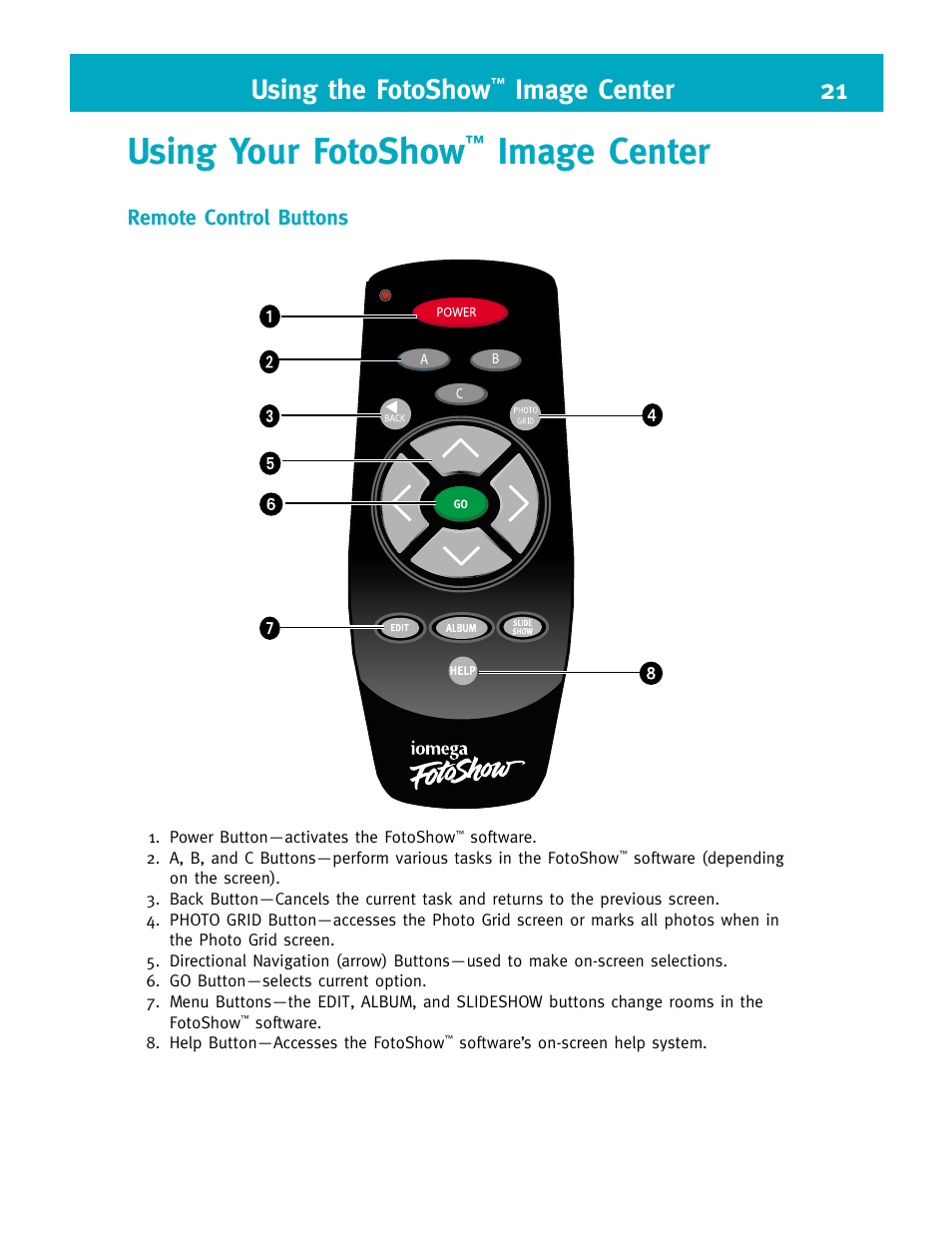 Using your fotoshow, Image center, Using the fotoshow | Image center 21 | Iomega FotoShow Digital Image Center User Manual | Page 21 / 68