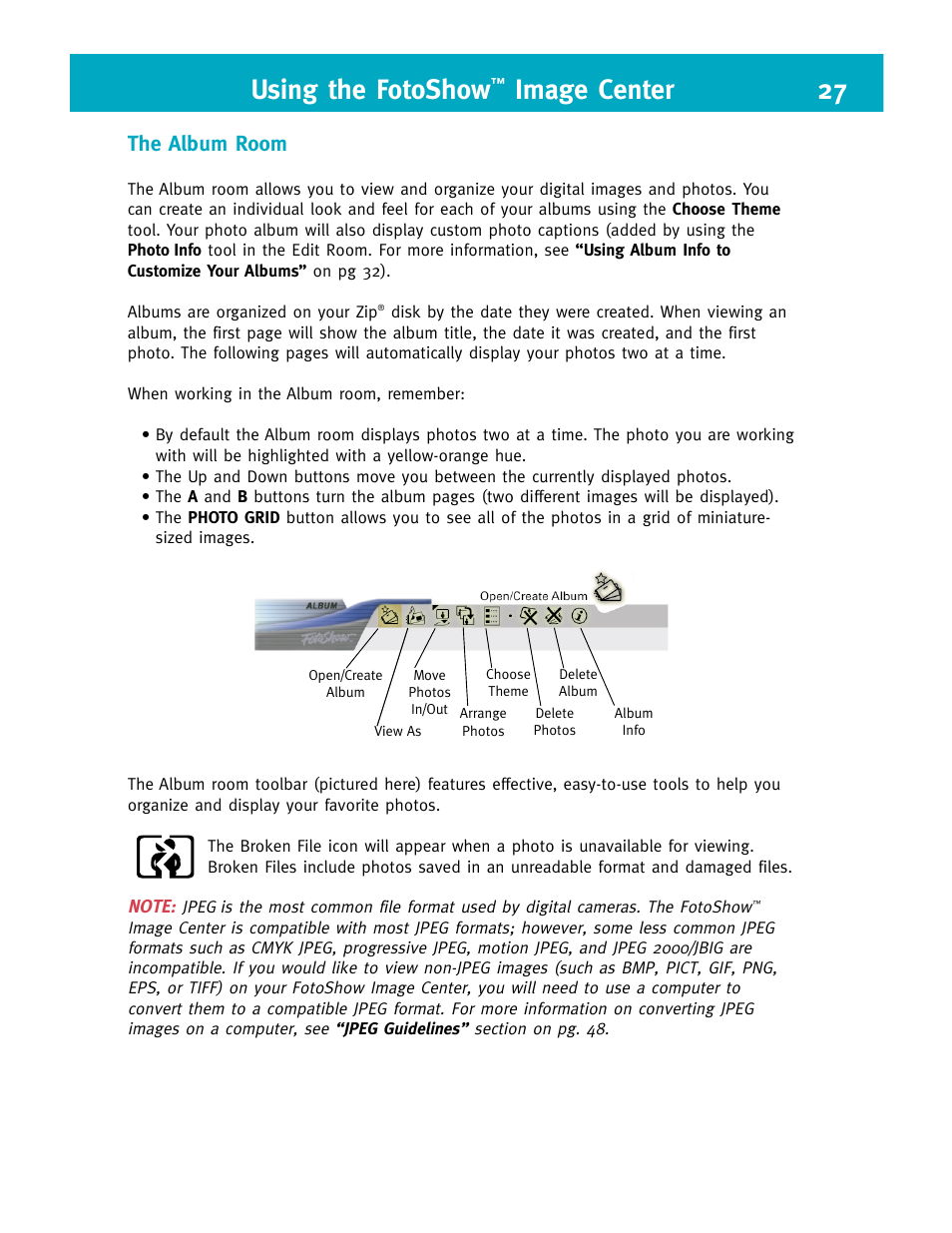 Using the fotoshow, Image center 27, The album room | Iomega FotoShow Digital Image Center User Manual | Page 27 / 68