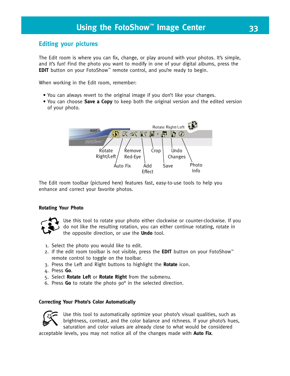 Using the fotoshow, Image center 33, Editing your pictures | Iomega FotoShow Digital Image Center User Manual | Page 33 / 68