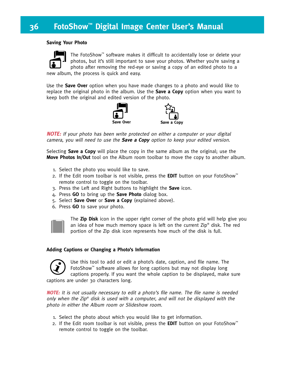 36 fotoshow, Digital image center user’s manual | Iomega FotoShow Digital Image Center User Manual | Page 36 / 68