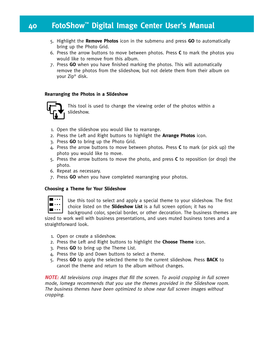 40 fotoshow, Digital image center user’s manual | Iomega FotoShow Digital Image Center User Manual | Page 40 / 68