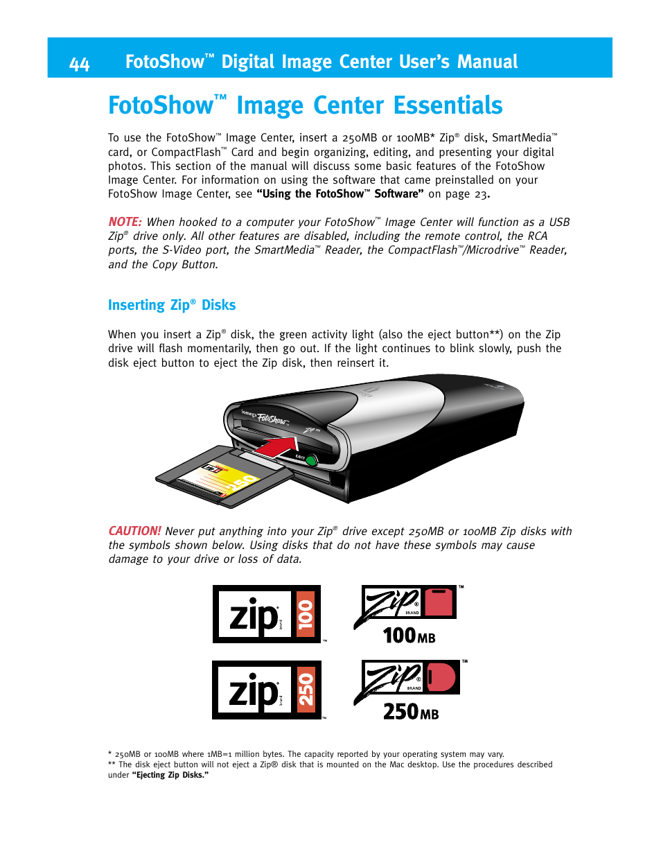 Fotoshow, Image center essentials, 44 fotoshow | Digital image center user’s manual, Inserting zip, Disks | Iomega FotoShow Digital Image Center User Manual | Page 44 / 68