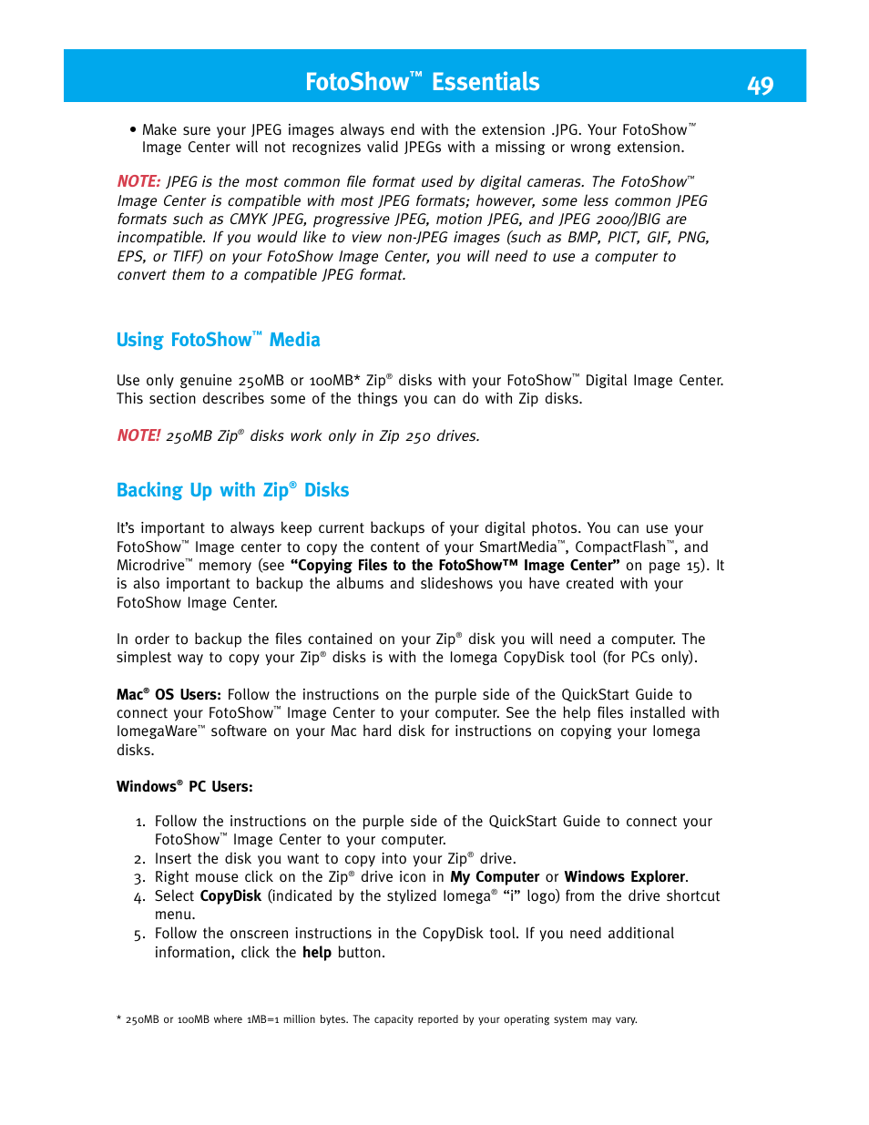 Fotoshow, Essentials 49, Using fotoshow | Media, Backing up with zip, Disks | Iomega FotoShow Digital Image Center User Manual | Page 49 / 68
