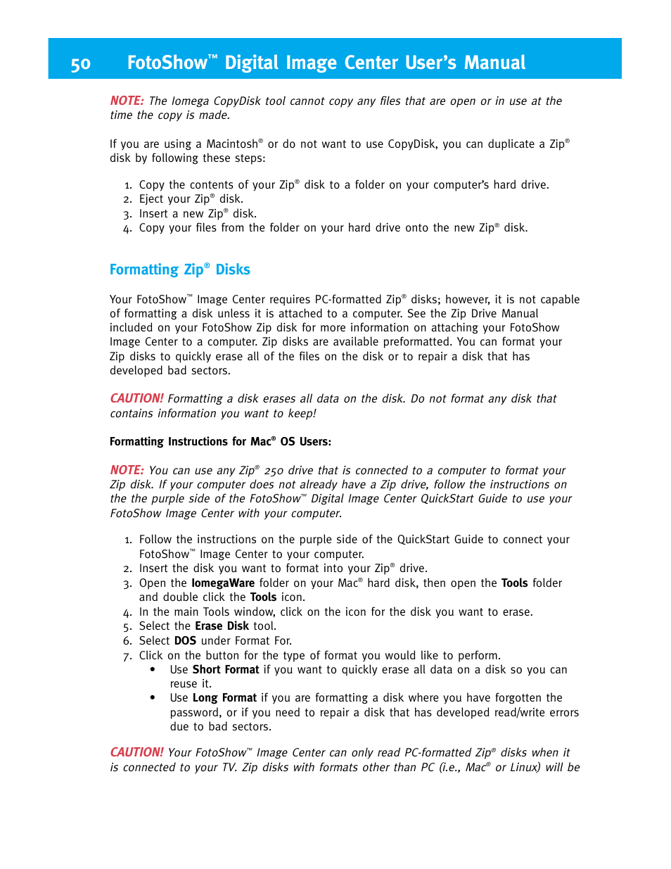 50 fotoshow, Digital image center user’s manual, Formatting zip | Disks, Caution | Iomega FotoShow Digital Image Center User Manual | Page 50 / 68