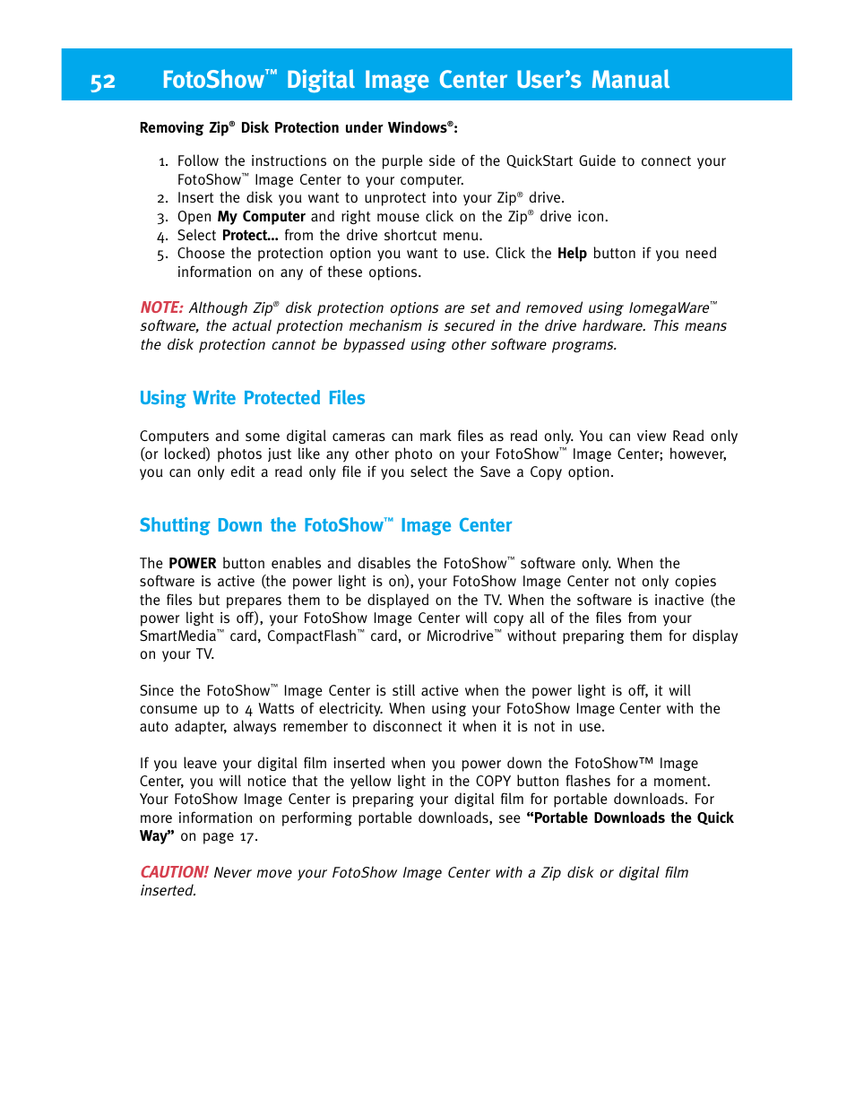 52 fotoshow, Digital image center user’s manual, Using write protected files | Shutting down the fotoshow, Image center | Iomega FotoShow Digital Image Center User Manual | Page 52 / 68