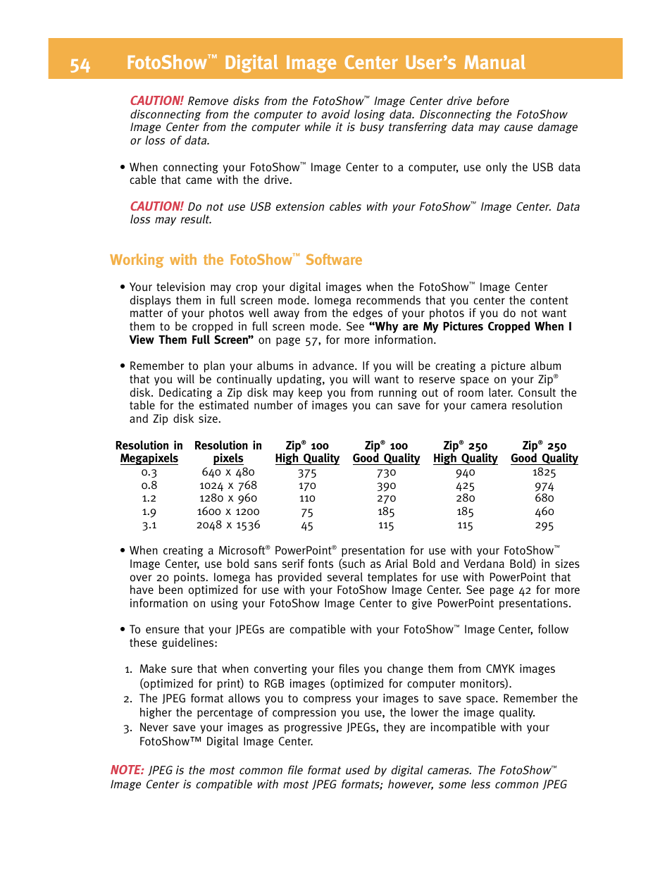 54 fotoshow, Digital image center user’s manual, Working with the fotoshow | Software | Iomega FotoShow Digital Image Center User Manual | Page 54 / 68