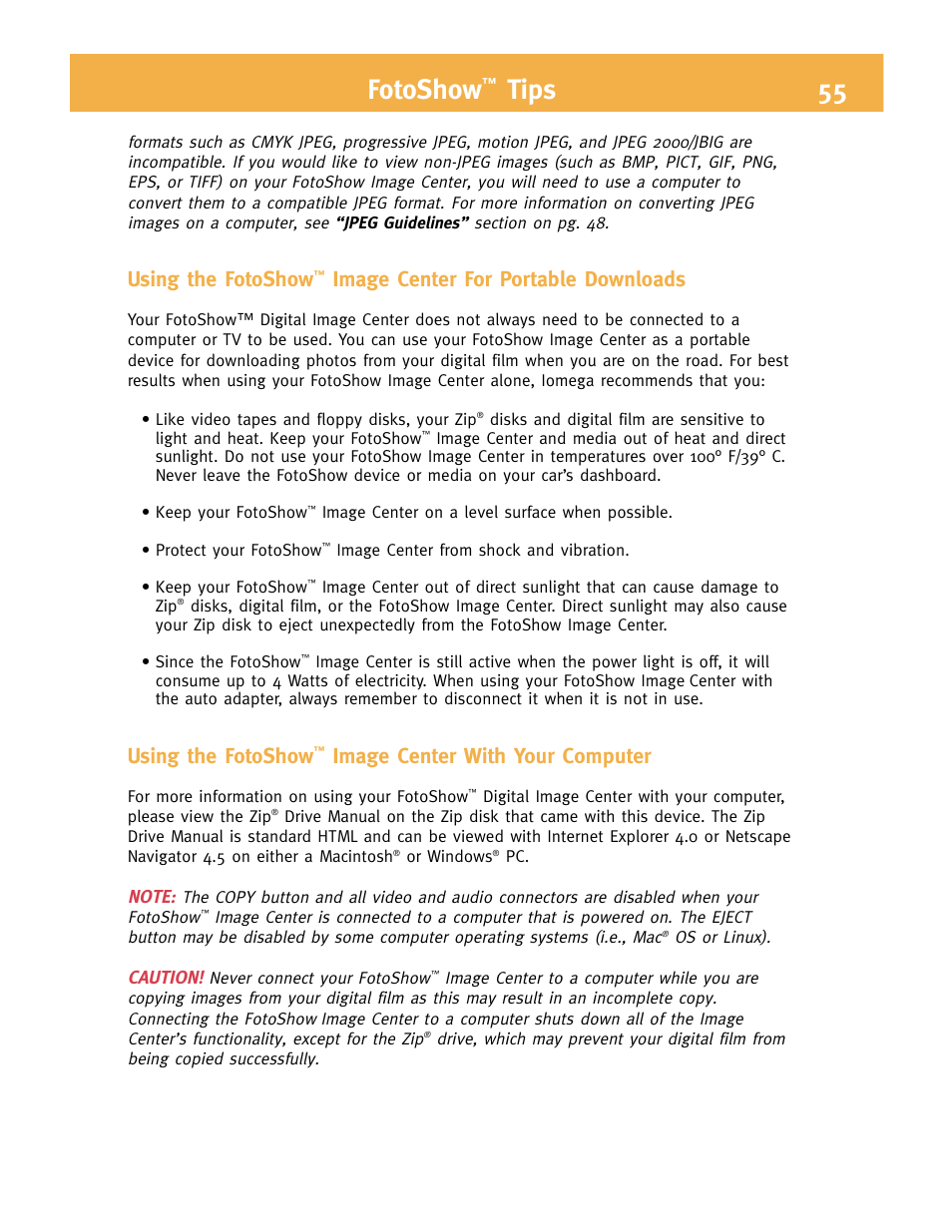 Fotoshow, Tips 55, Using the fotoshow | Image center for portable downloads, Image center with your computer, Caution | Iomega FotoShow Digital Image Center User Manual | Page 55 / 68