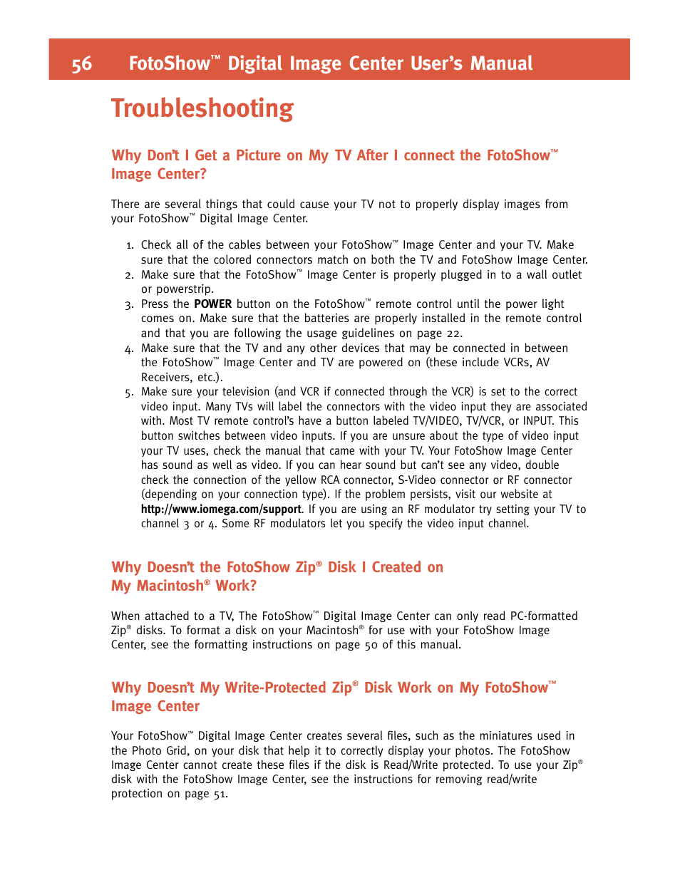 Troubleshooting, 56 fotoshow, Digital image center user’s manual | Image center, Why doesn’t the fotoshow zip, Disk i created on my macintosh, Work, Why doesn’t my write-protected zip, Disk work on my fotoshow | Iomega FotoShow Digital Image Center User Manual | Page 56 / 68