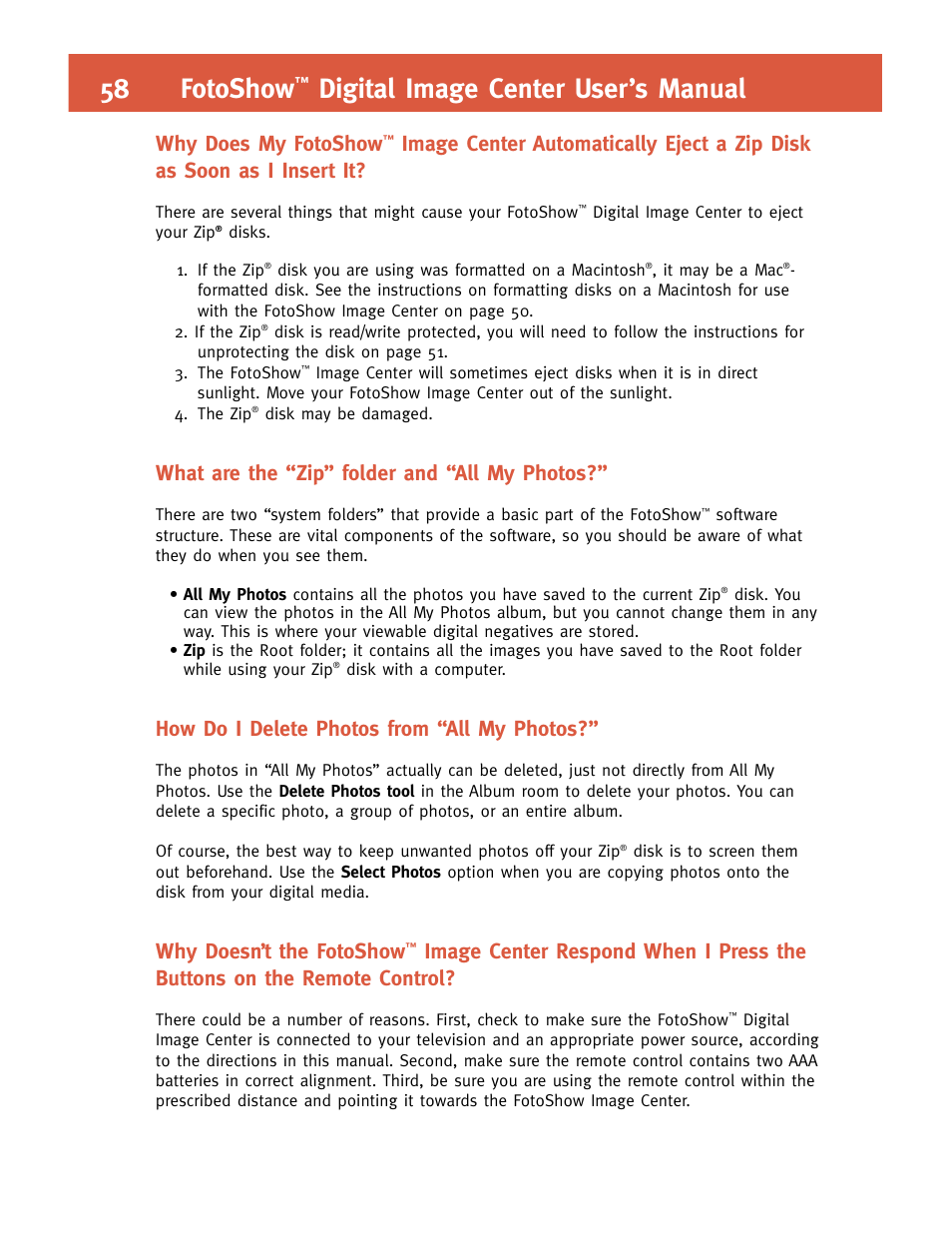 58 fotoshow, Digital image center user’s manual, Why does my fotoshow | What are the “zip” folder and “all my photos, How do i delete photos from “all my photos, Why doesn’t the fotoshow | Iomega FotoShow Digital Image Center User Manual | Page 58 / 68