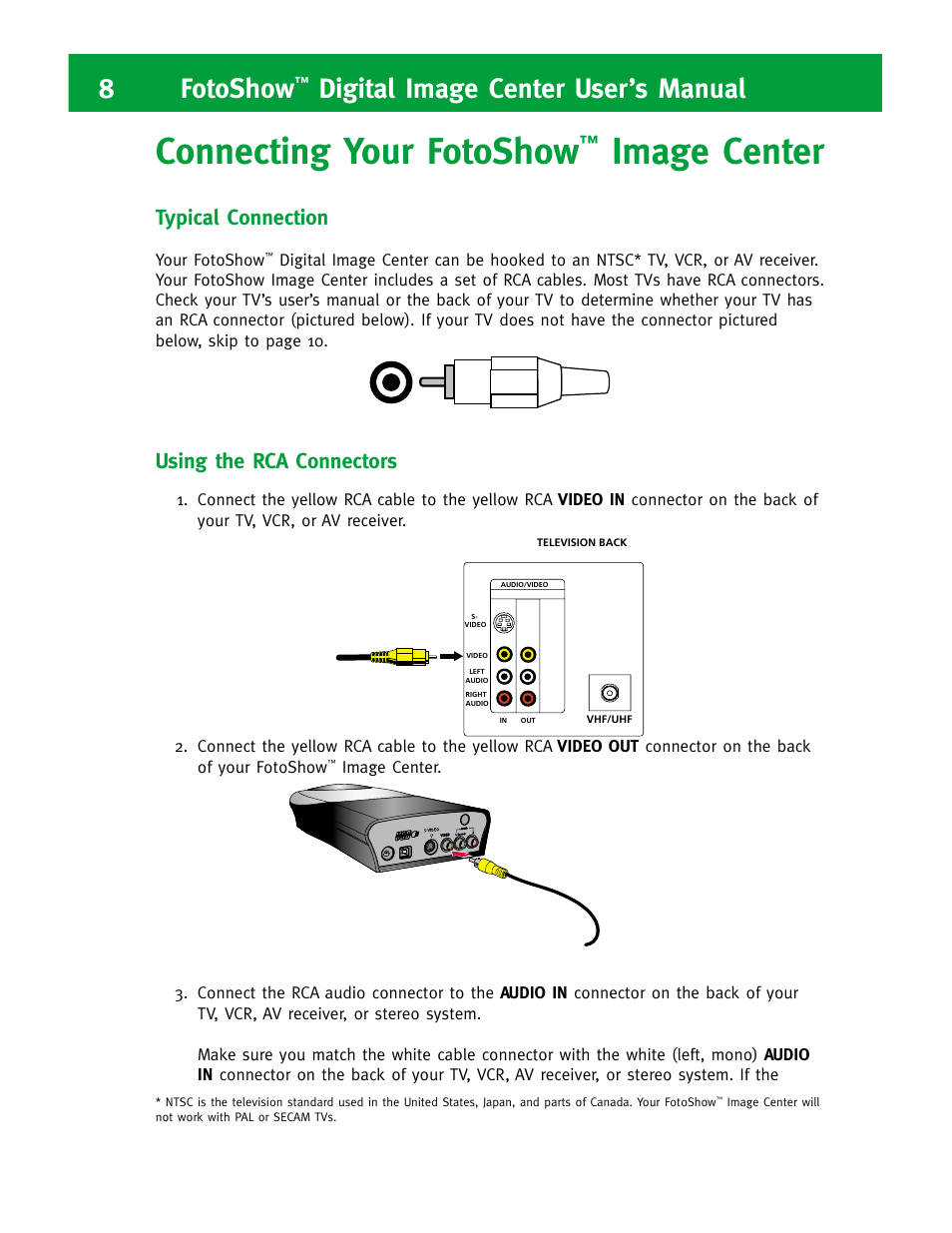 Connecting your fotoshow, Image center, 8fotoshow | Digital image center user’s manual, Typical connection, Using the rca connectors | Iomega FotoShow Digital Image Center User Manual | Page 8 / 68