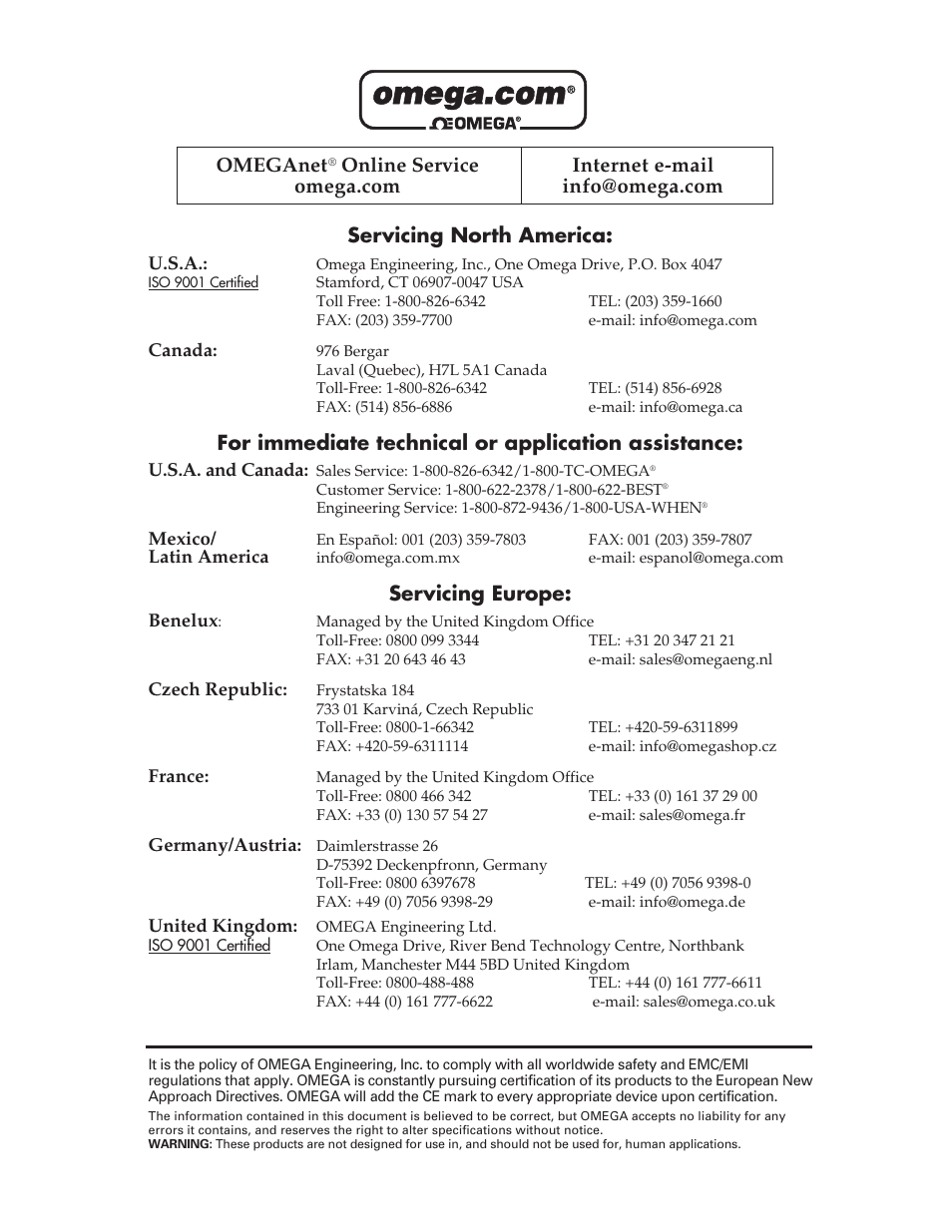 Servicing north america, For immediate technical or application assistance, Servicing europe | Omeganet | Iomega EP510 User Manual | Page 2 / 12