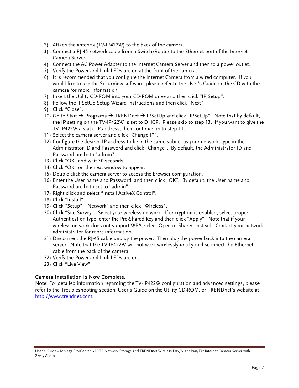 Iomega TRENDNET TV-IP422W User Manual | Page 2 / 7