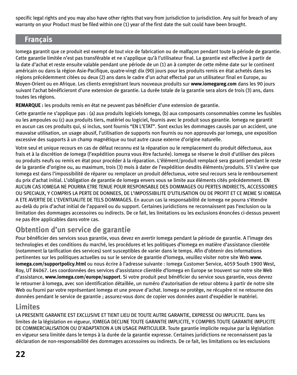 Obtention d’un service de garantie, Limites | Iomega eGo 3 User Manual | Page 22 / 36