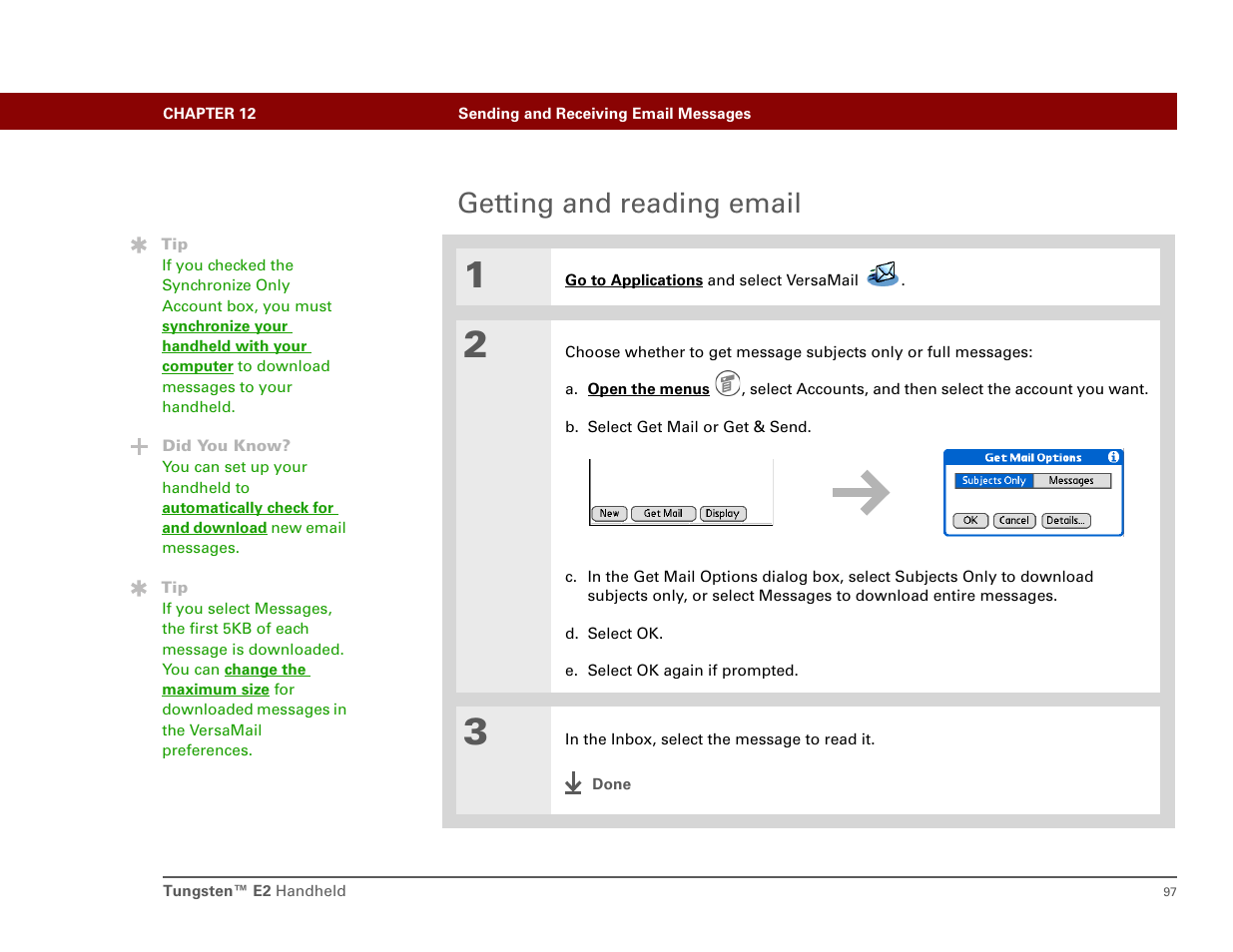 Getting and reading email, Get and send in | Int'l Wireless E2 User Manual | Page 106 / 159