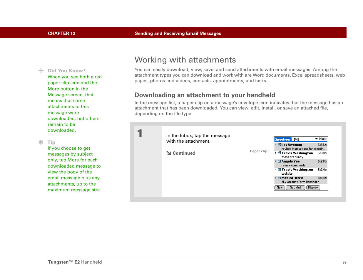 Working with attachments, Downloading an attachment to your handheld | Int'l Wireless E2 User Manual | Page 108 / 159