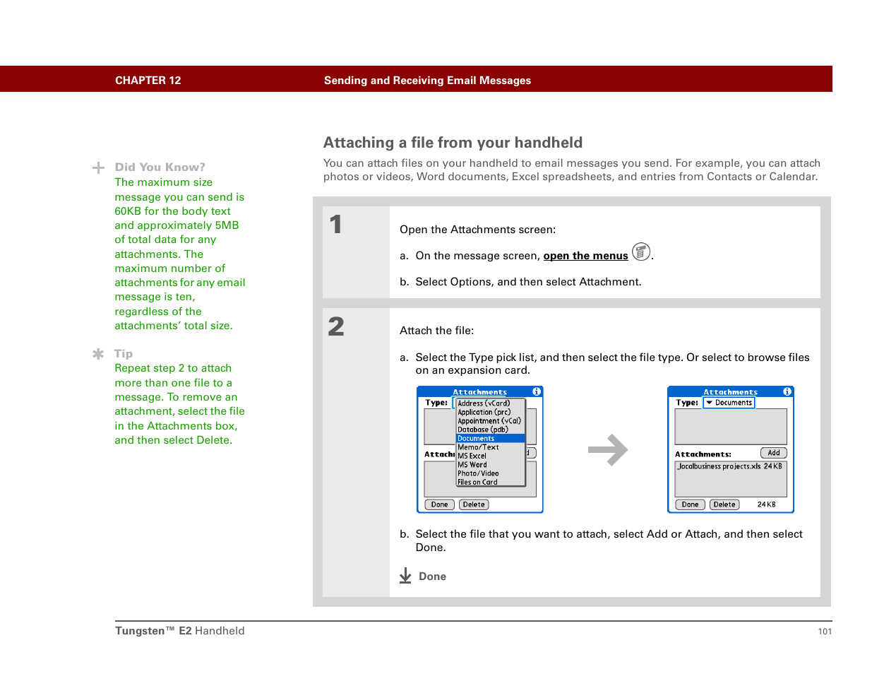 Attaching a file from your handheld | Int'l Wireless E2 User Manual | Page 110 / 159