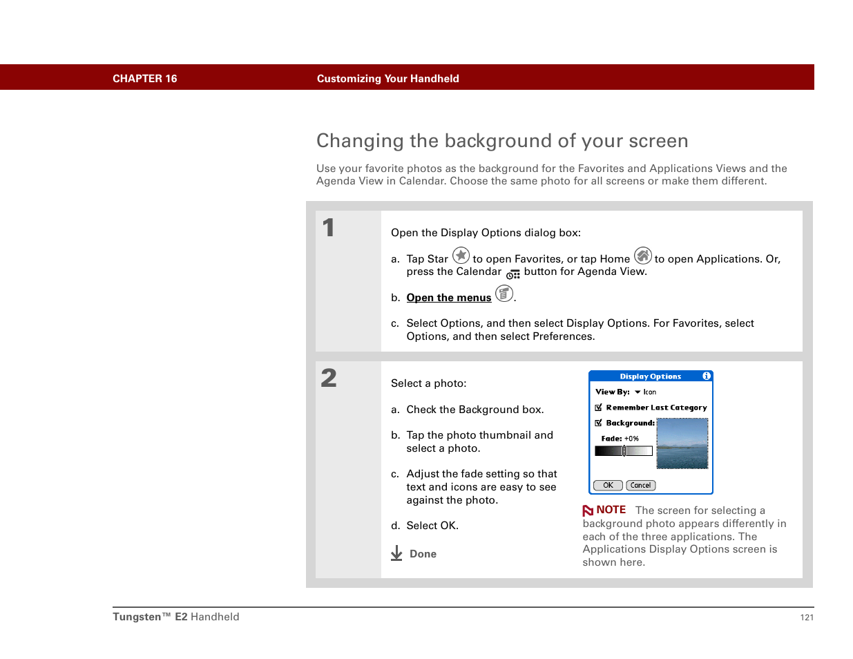 Changing the background of your screen, Select, Photos as the background | Int'l Wireless E2 User Manual | Page 130 / 159