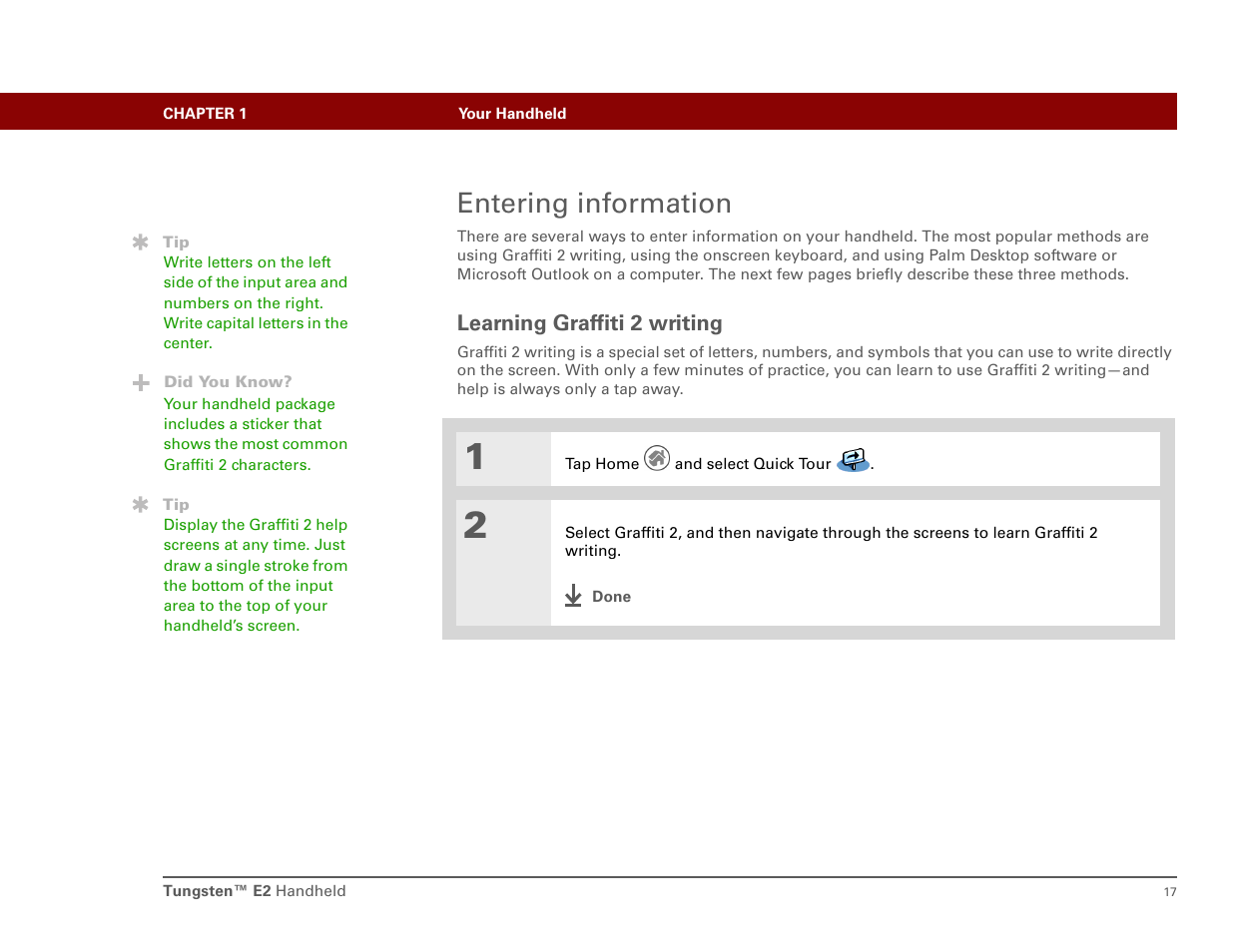 Entering information, Learning graffiti 2 writing | Int'l Wireless E2 User Manual | Page 26 / 159