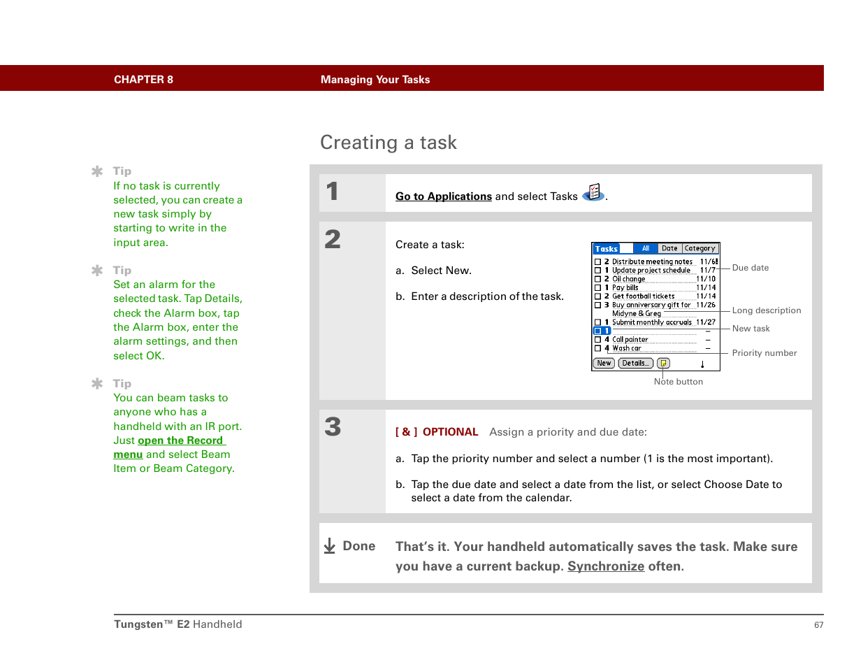 Creating a task | Int'l Wireless E2 User Manual | Page 76 / 159