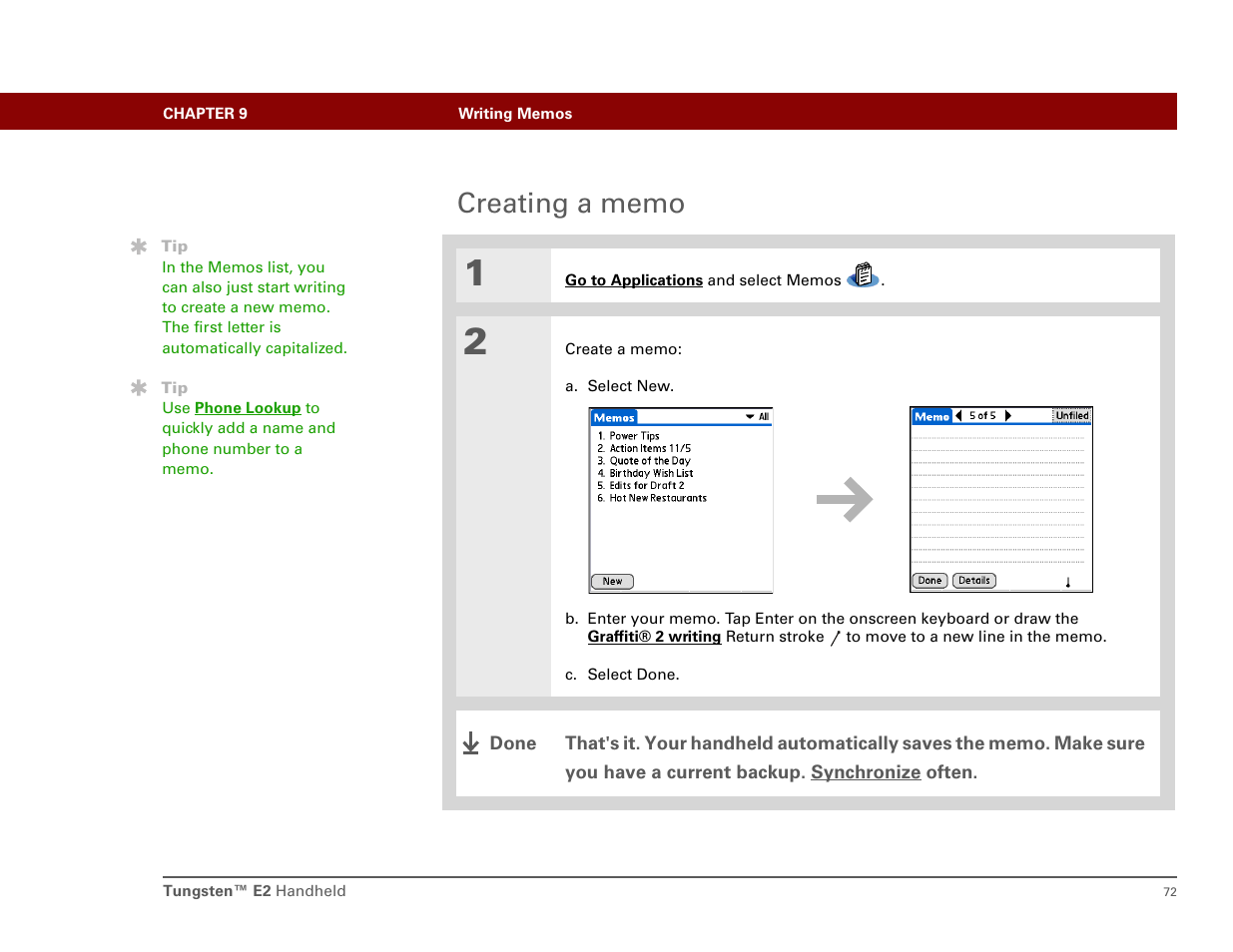Creating a memo | Int'l Wireless E2 User Manual | Page 81 / 159