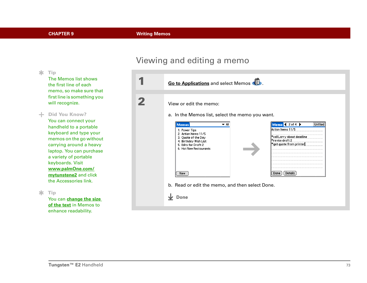 Viewing and editing a memo | Int'l Wireless E2 User Manual | Page 82 / 159