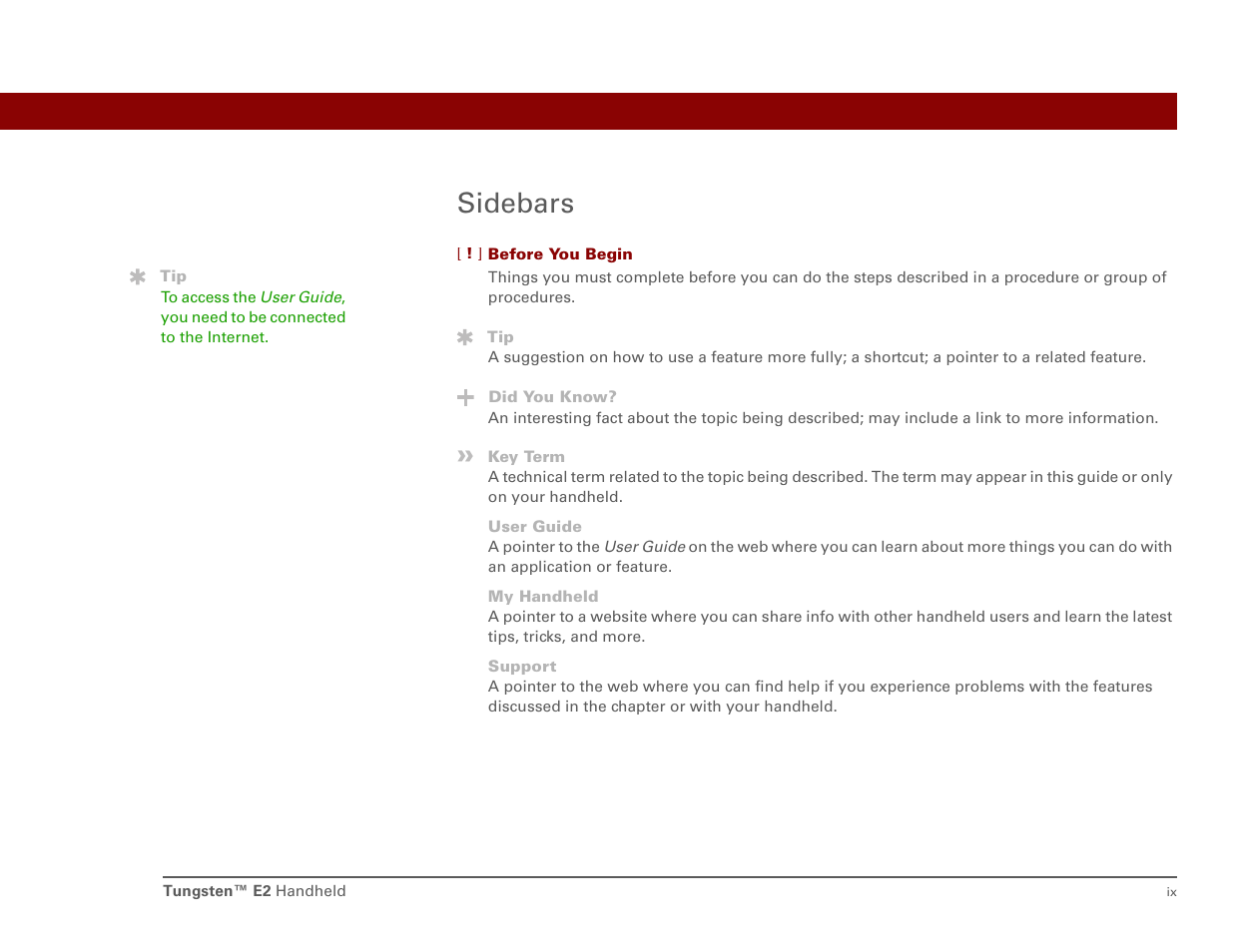 Sidebars | Int'l Wireless E2 User Manual | Page 9 / 159