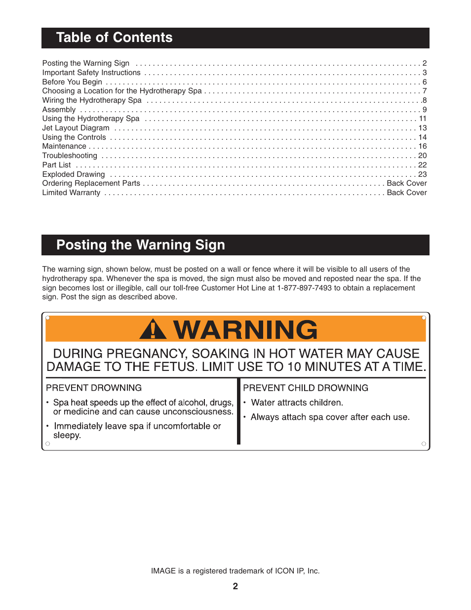 Posting the warning sign table of contents | Image IMSB53950 User Manual | Page 2 / 24