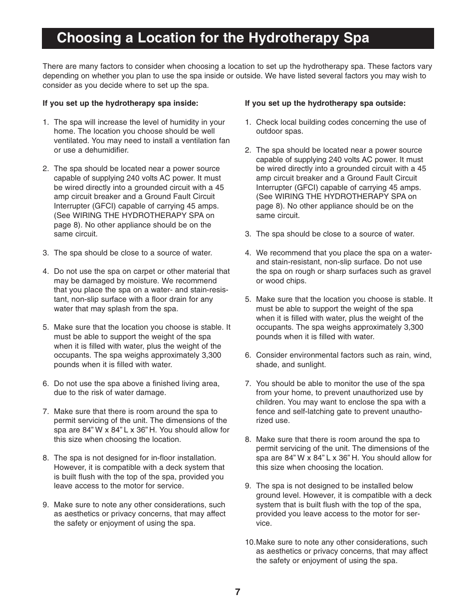 Choosing a location for the hydrotherapy spa | Image IMSB53950 User Manual | Page 7 / 24