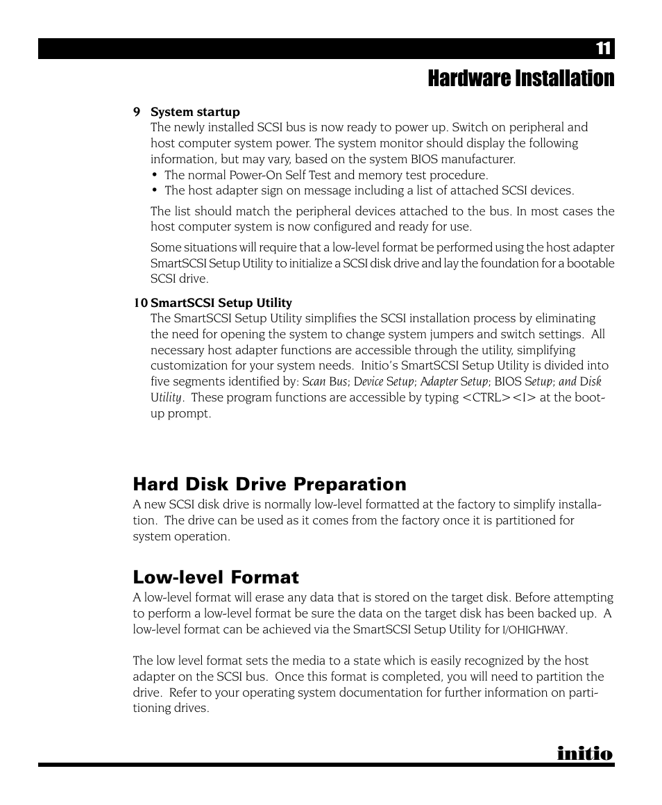 Hardware installation, Initio, Hard disk drive preparation | Low-level format | Initio I/O HIGHWAY User Manual | Page 15 / 62