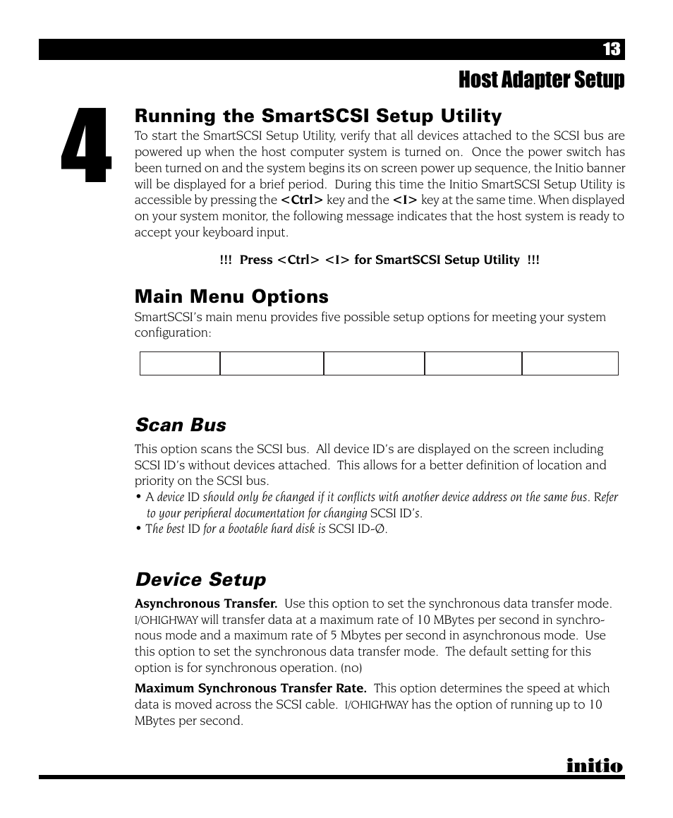 Host adapter setup, Initio, Running the smartscsi setup utility | Main menu options, Scan bus, Device setup | Initio I/O HIGHWAY User Manual | Page 17 / 62