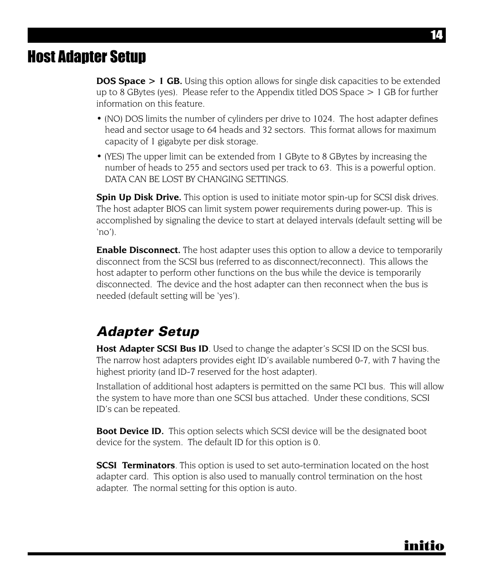 Host adapter setup, Initio, Adapter setup | Initio I/O HIGHWAY User Manual | Page 18 / 62