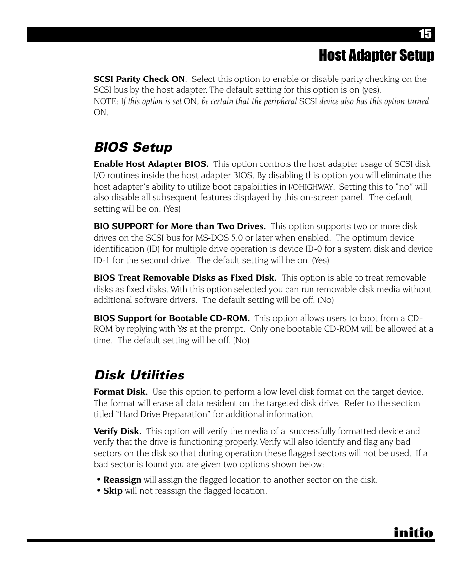 Host adapter setup, Initio, Bios setup | Disk utilities | Initio I/O HIGHWAY User Manual | Page 19 / 62