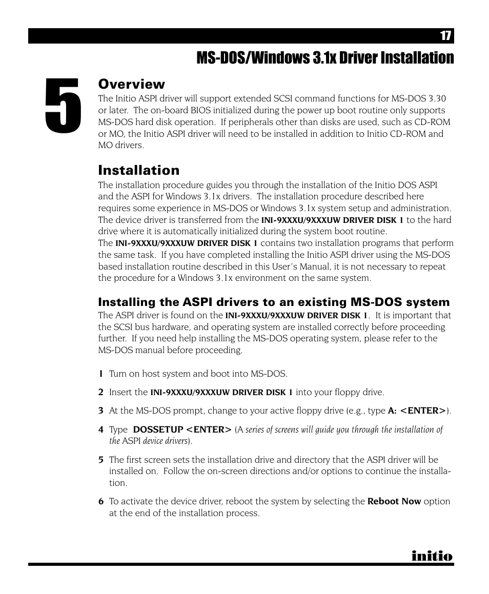 Ms-dos/windows 3.1x driver installation, Initio, Overview | Installation | Initio I/O HIGHWAY User Manual | Page 21 / 62