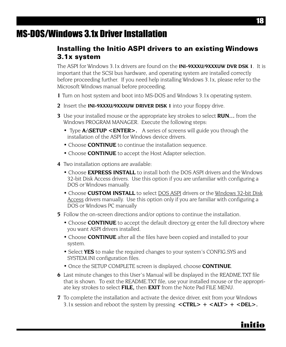 Ms-dos/windows 3.1x driver installation, Initio | Initio I/O HIGHWAY User Manual | Page 22 / 62