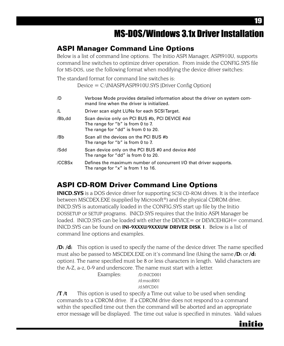 Ms-dos/windows 3.1x driver installation, Initio, Aspi manager command line options | Aspi cd-rom driver command line options | Initio I/O HIGHWAY User Manual | Page 23 / 62