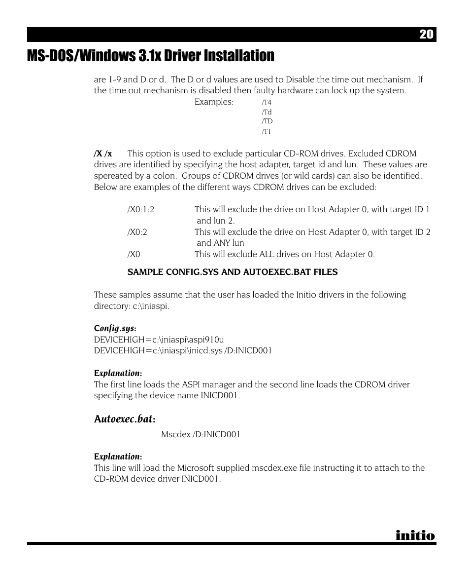 Ms-dos/windows 3.1x driver installation, Initio, Autoexec.bat | Initio I/O HIGHWAY User Manual | Page 24 / 62