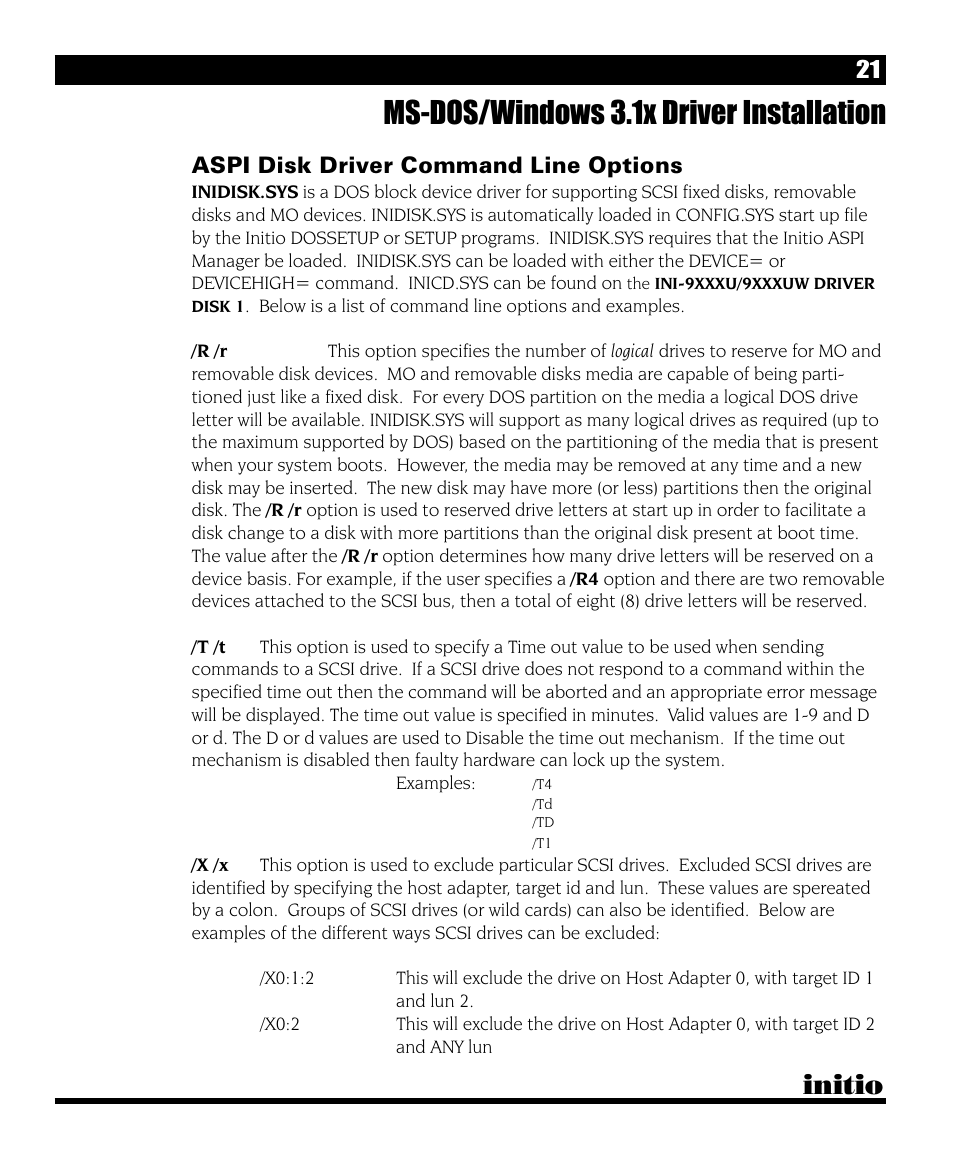 Ms-dos/windows 3.1x driver installation, Initio, Aspi disk driver command line options | Initio I/O HIGHWAY User Manual | Page 25 / 62